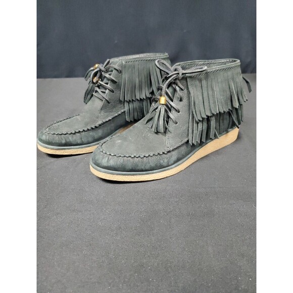 Ugg Caleb Bootie Women's SZ 7.5 Black Suede Tassel Fringe Moccasin Ankle Wedge - Picture 1 of 6